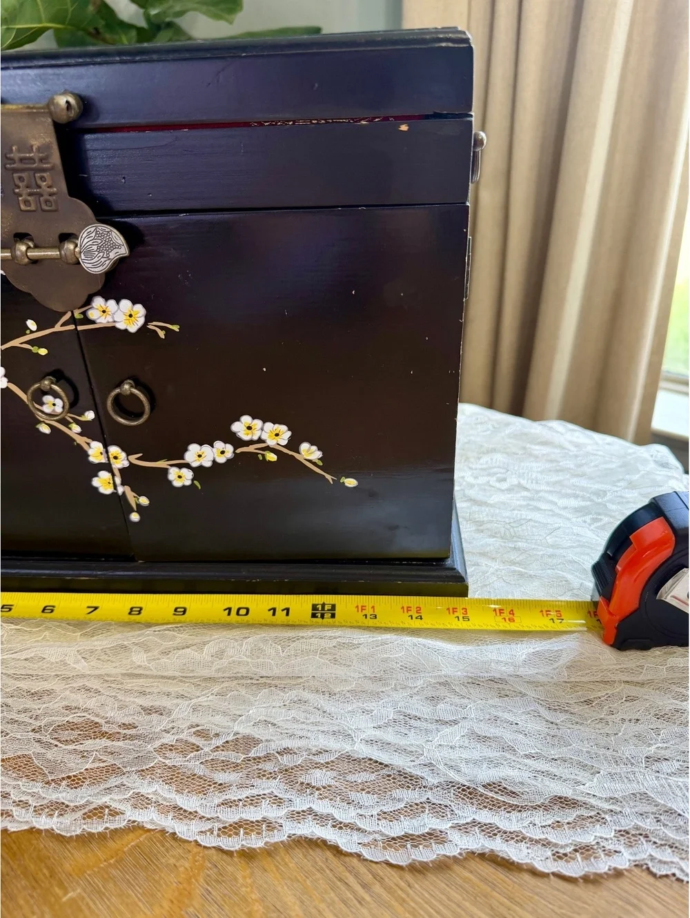 Vintage Chinese Lacquer Jewelry Box Hand Painted Birds Red Brocade